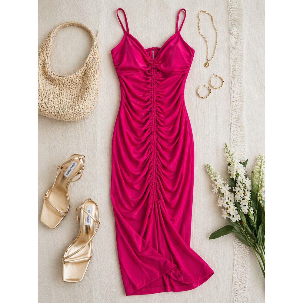 Express Hot Pink Ruched Bodycon Maxi Dress Small Y2K Spaghetti Strap
